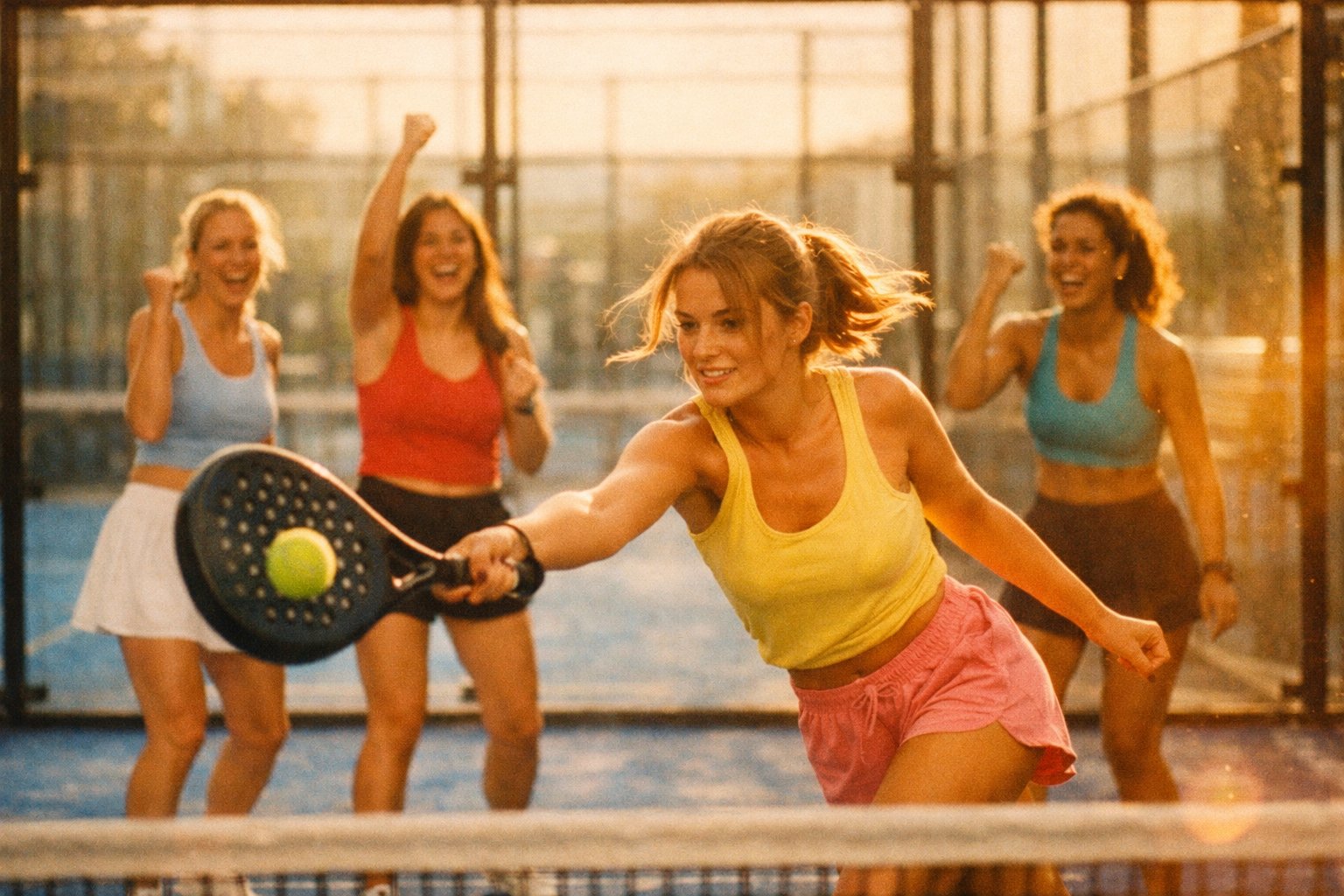 Neli naist mängivad padelit ja naudivad mängu — vaba pilk ilma prillideta