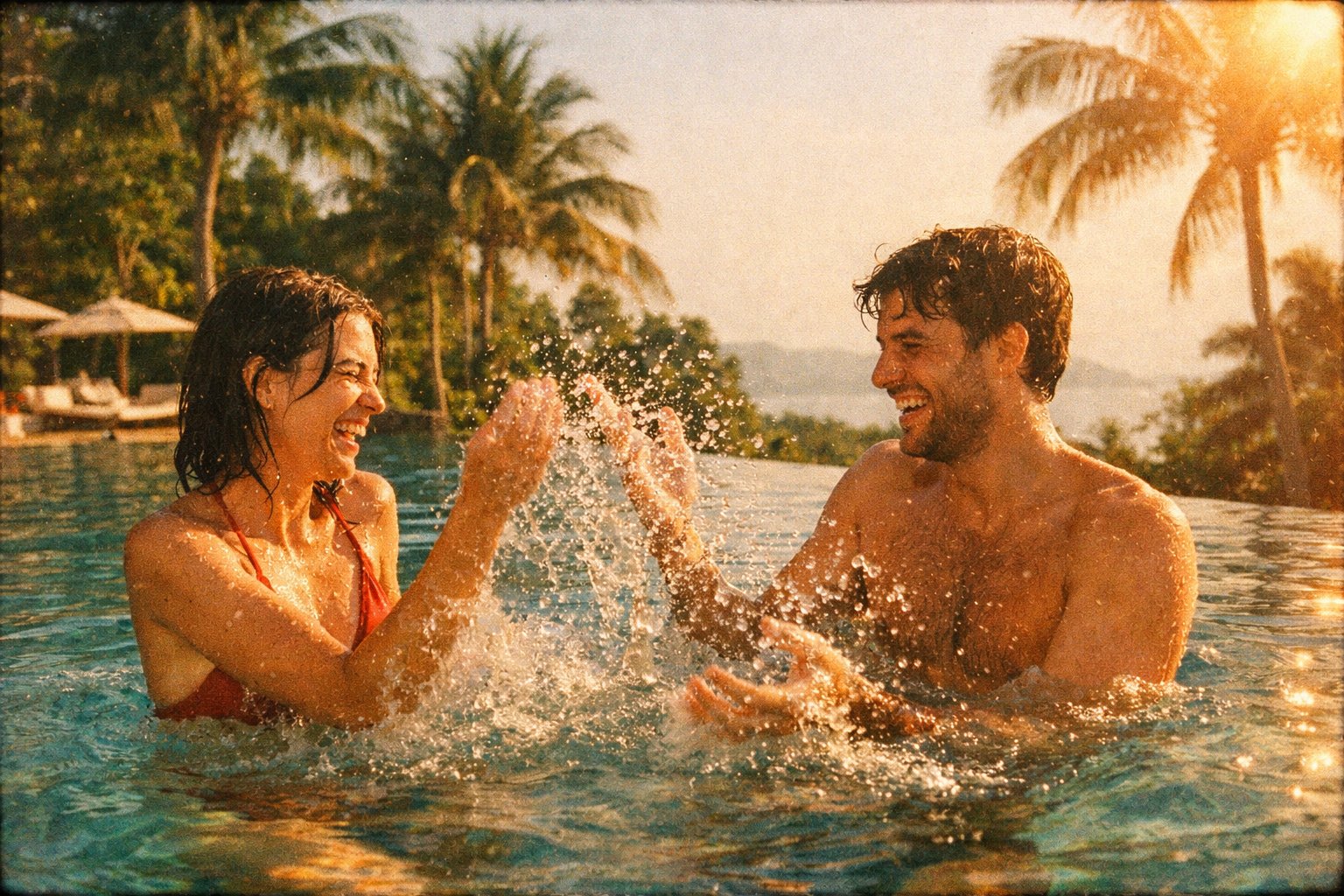 Paar lõõgastub ja pritšib vett Tai spahotellis — vaba elu ilma prillideta